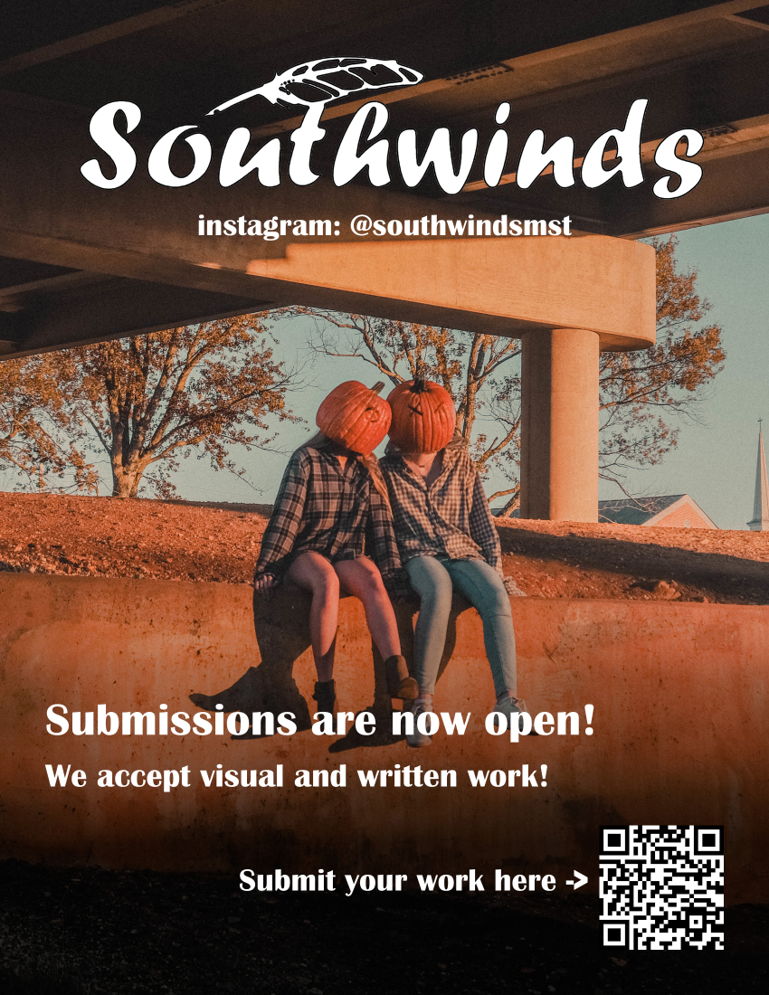 Graphic explaining that submissions for a campus literary arts magazine are open. A QR code link to a now-closed form is also included to streamline the submission process.